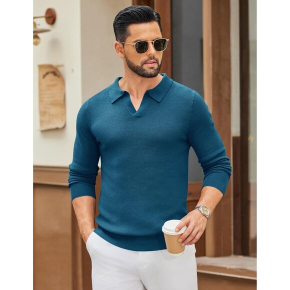 Men's Knit Polo Long Sleeve V-Neck Pullover Sweaters Collared Knitted Blue - Picture 2 of 6